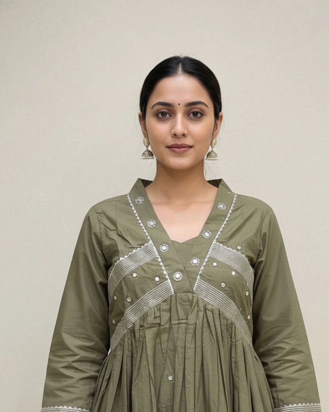 Olive Green Handwork Cotton Anarkali Suit