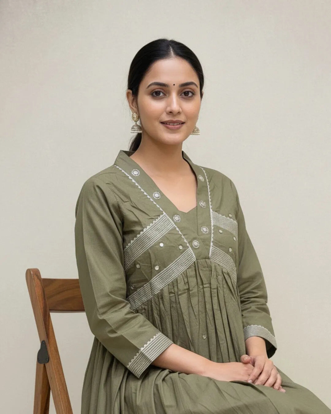 Olive Green Handwork Cotton Anarkali Suit