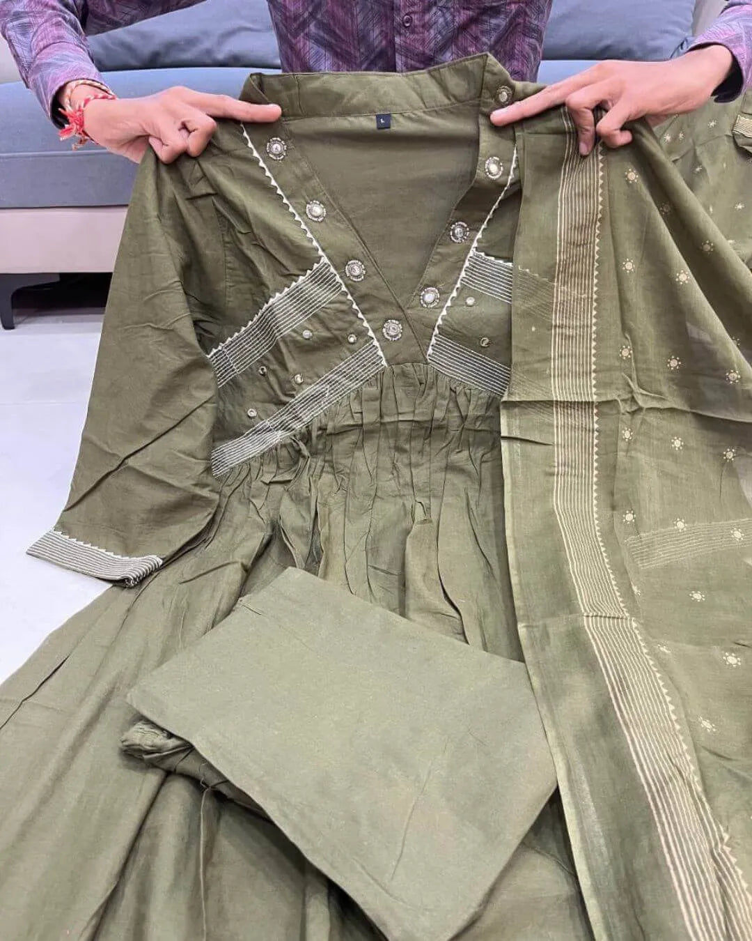 Olive Green Handwork Cotton Anarkali Suit