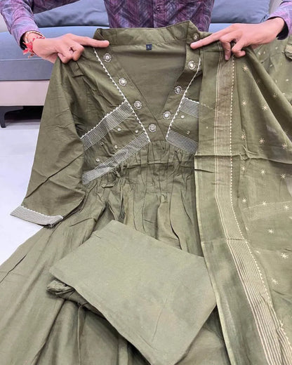 Olive Green Handwork Cotton Anarkali Suit