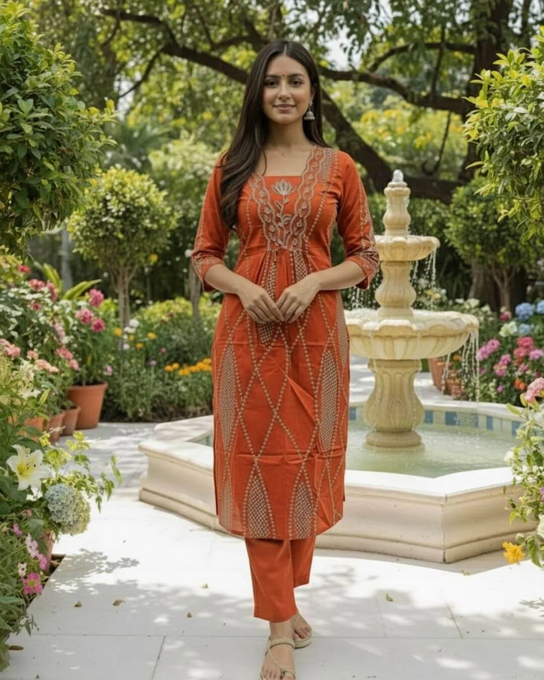Woman in an orange cotton A-Line suit set traditional outfit standing in a garden with a fountain.