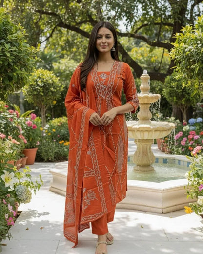 Woman in an orange cotton A-Line suit set traditional outfit standing in a garden with a fountain.