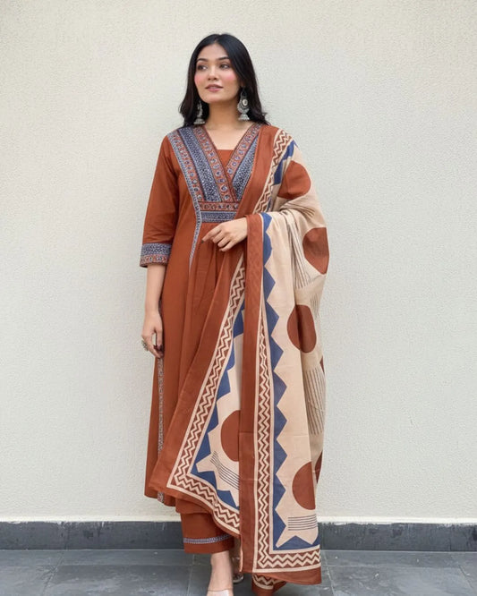 Orange Cotton Kurti Pant Dupatta Set