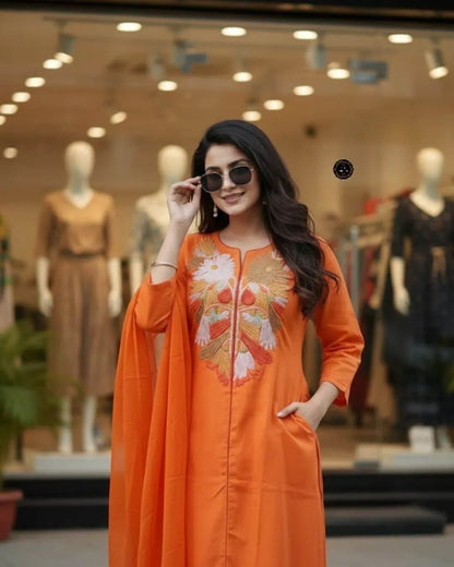 Orange Embroidered Cotton Suit Set with Malmal Dupatta 