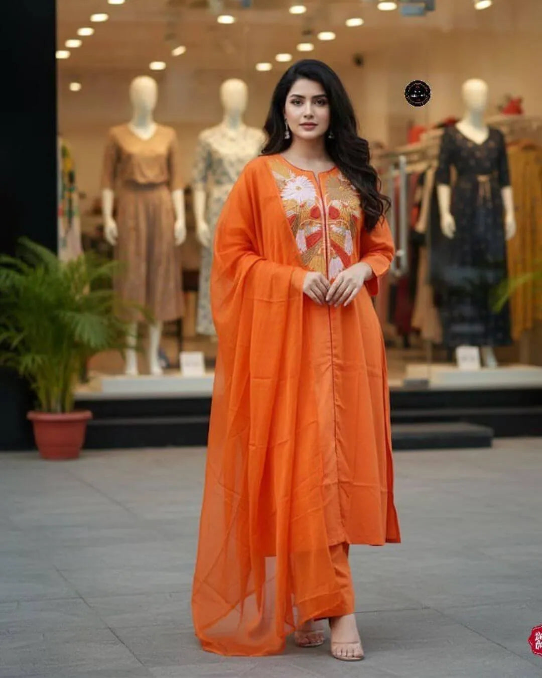 Orange Embroidered Cotton Suit Set with Malmal Dupatta 