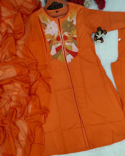 Orange Embroidered Cotton Suit Set with Malmal Dupatta 