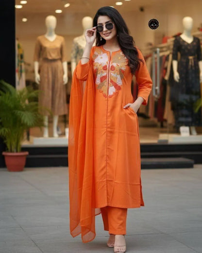 Orange Embroidered Cotton Suit Set with Malmal Dupatta 
