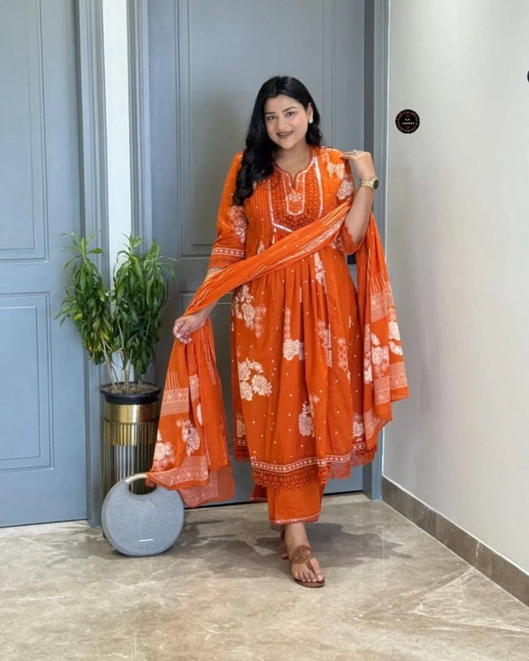 Orange Floral Print Anarkali Suit Set