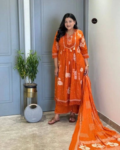 Orange Floral Print Anarkali Suit Set