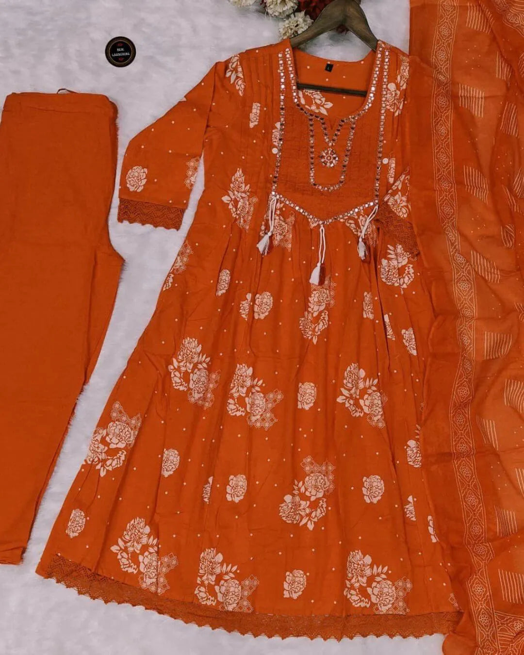 Orange Floral Print Anarkali Suit Set