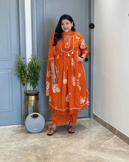 Orange Floral Print Anarkali Suit Set