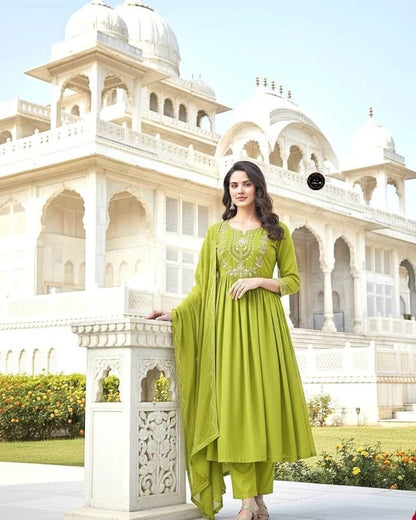 Parrot Green Cotton Anarkali Suit Set with Sequence Work