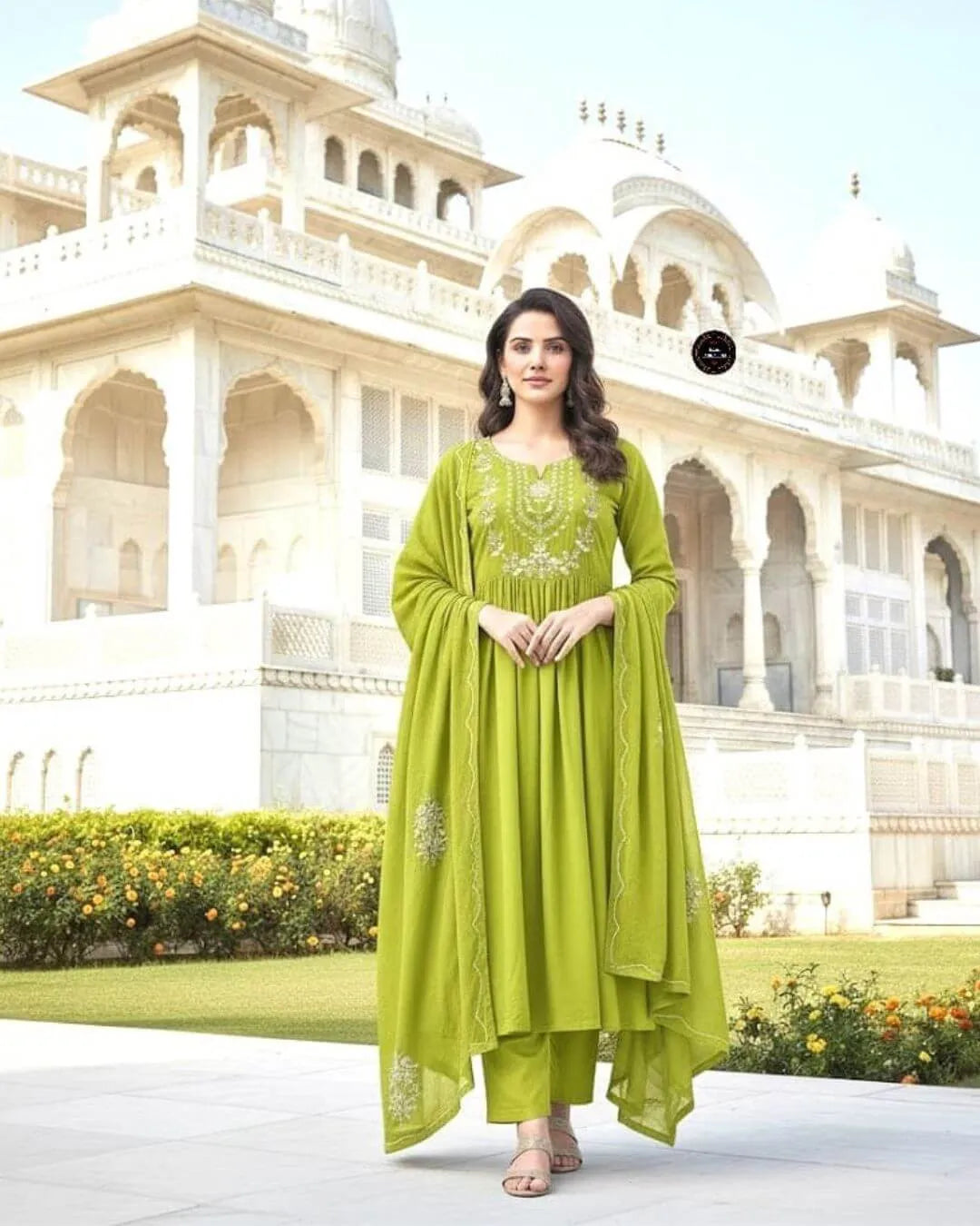 Parrot Green Cotton Anarkali Suit Set with Sequence Work