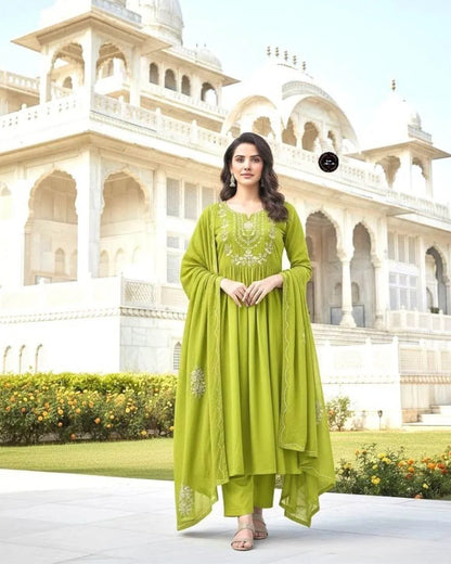 Parrot Green Cotton Anarkali Suit Set with Sequence Work