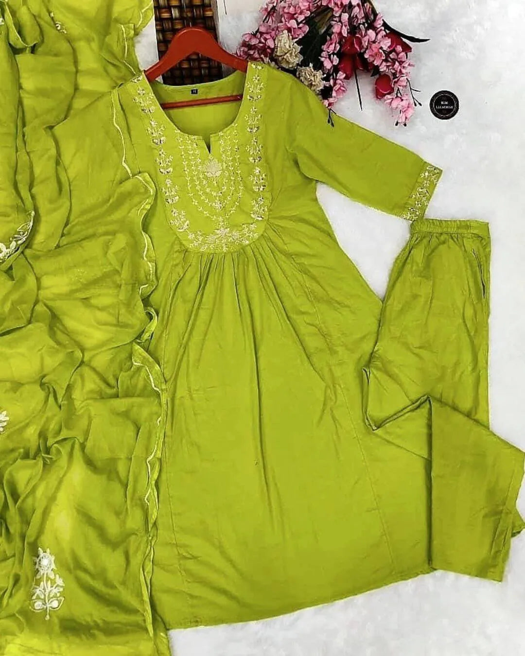 Parrot Green Cotton Anarkali Suit Set with Sequence Work