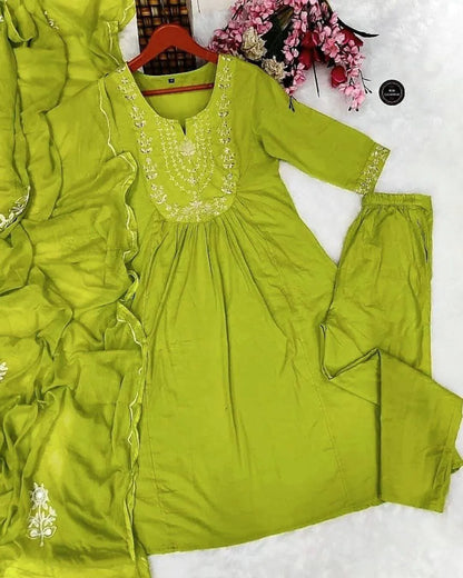 Parrot Green Cotton Anarkali Suit Set with Sequence Work