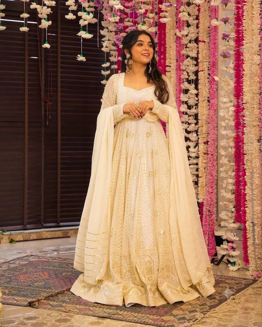 Party Wear Georgette White Anarkali Suit Set