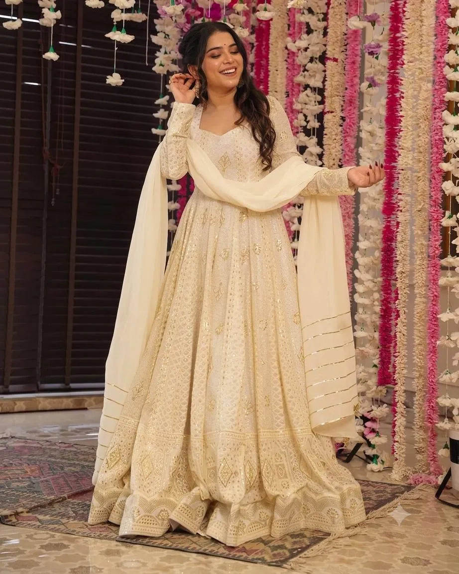 Party Wear Georgette White Anarkali Suit Set