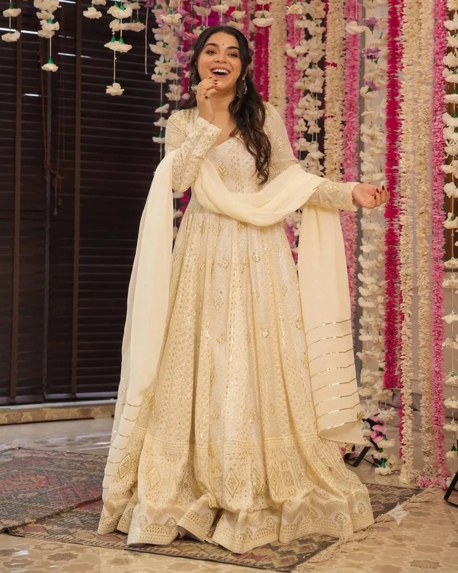 Party Wear Georgette White Anarkali Suit Set