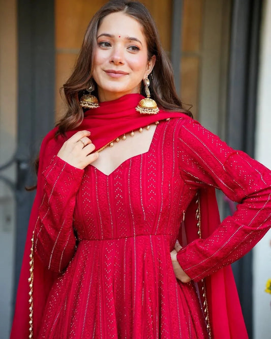Party Wear Red Colour Anarkali Suit Set