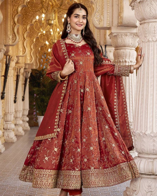 Party Wear Rust-Red Cosmos Anarkali Suit Set With Dupatta