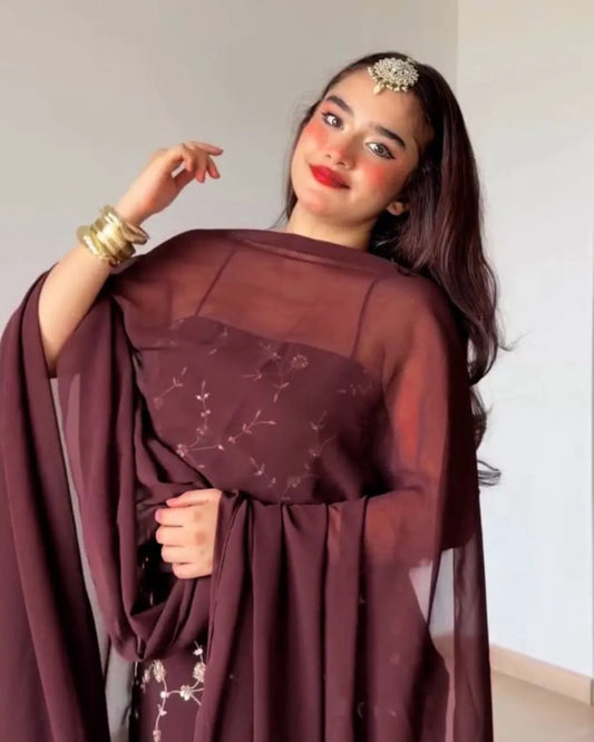 Party Wear Deep Wine Sleeveless Kurti Set With Dupatta -2