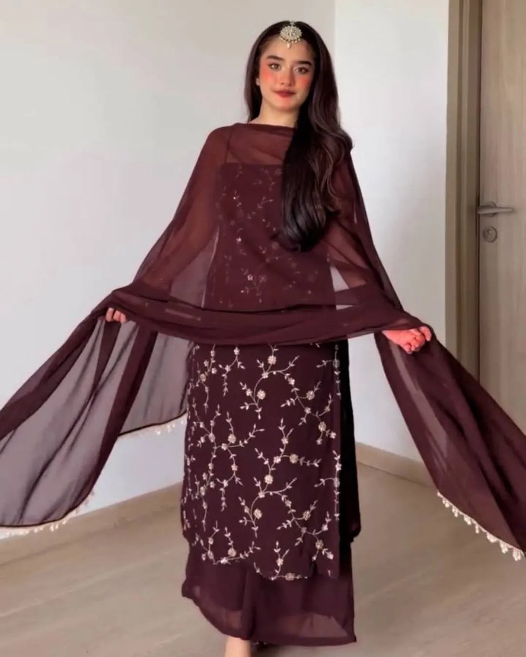 Party Wear Deep Wine Sleeveless Kurti Set With Dupatta -2