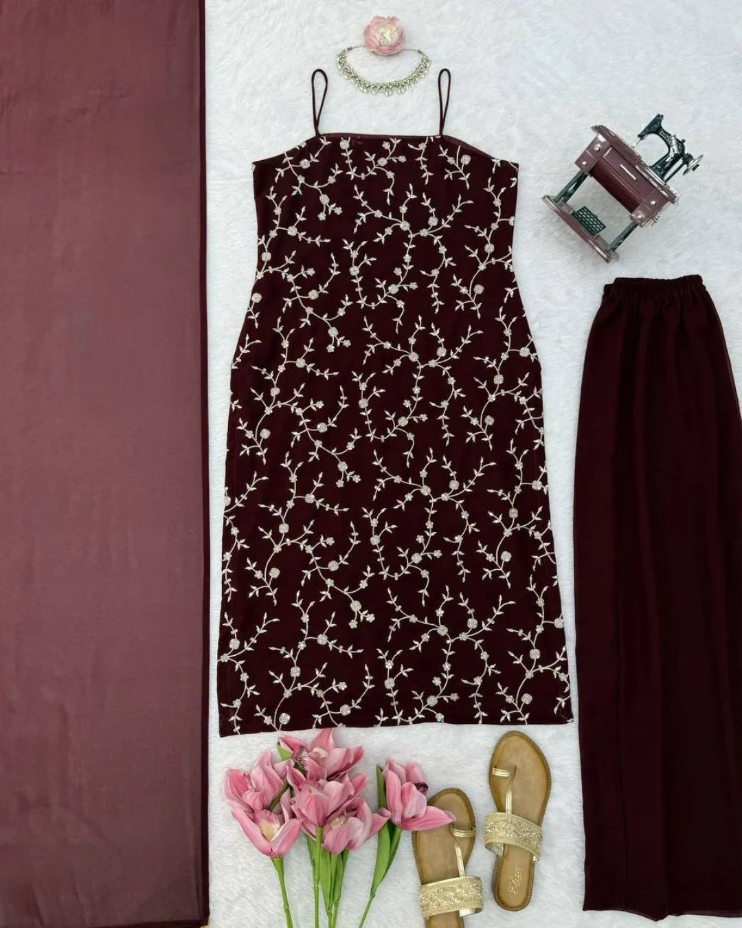 Party Wear Deep Wine Sleeveless Kurti Set With Dupatta 