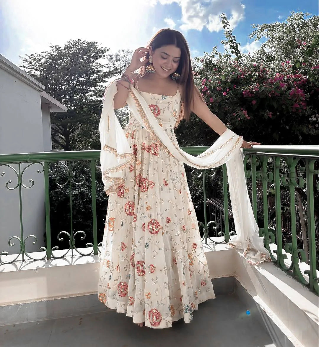 Party Wear Off-White Floral Anarkali Suit Set