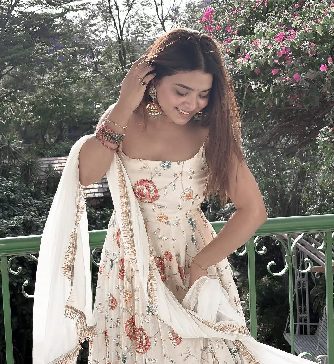 Party Wear Off-White Floral Anarkali Suit Set Front