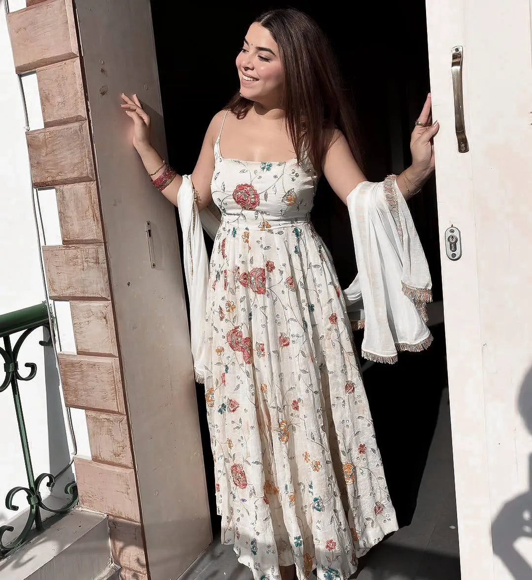 Party Wear Off-White Floral Anarkali Suit Set