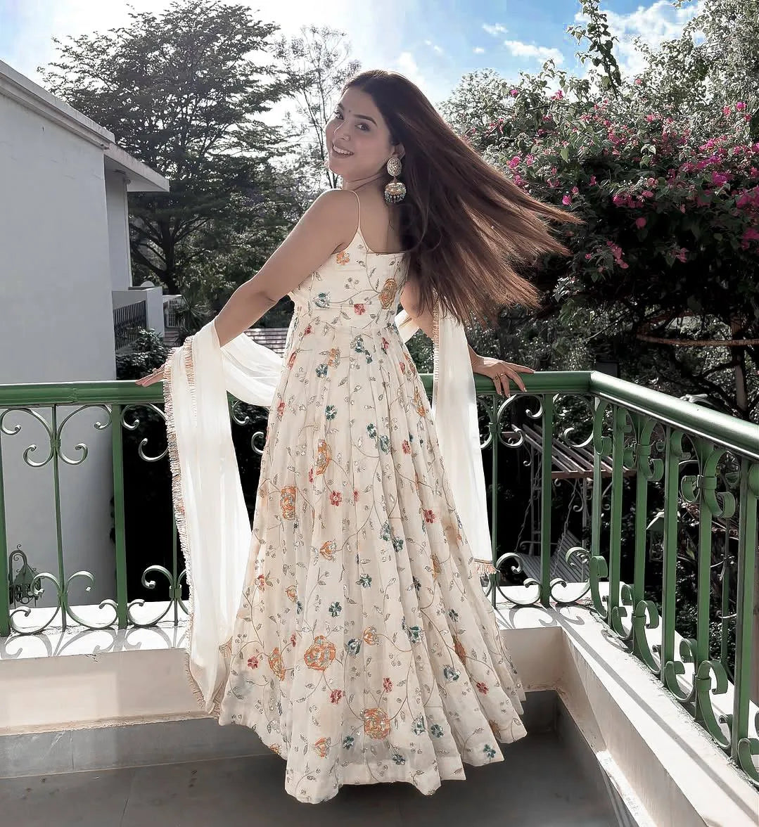 Party Wear Off-White Floral Anarkali Suit Set back