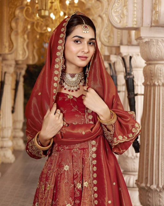 Party Wear Rust-Red Cosmos Anarkali Suit Set With Dupatta
