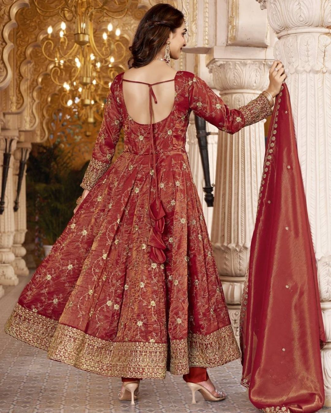 Party Wear Rust-Red Cosmos Anarkali Suit Set With Dupatta - back