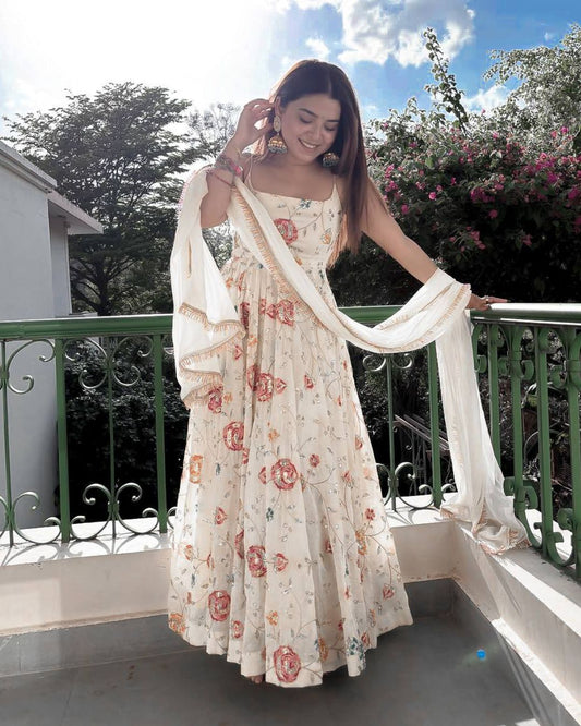 Party Wear Off White Sleeveless Anarkali Suit Set with Matching Dupatta