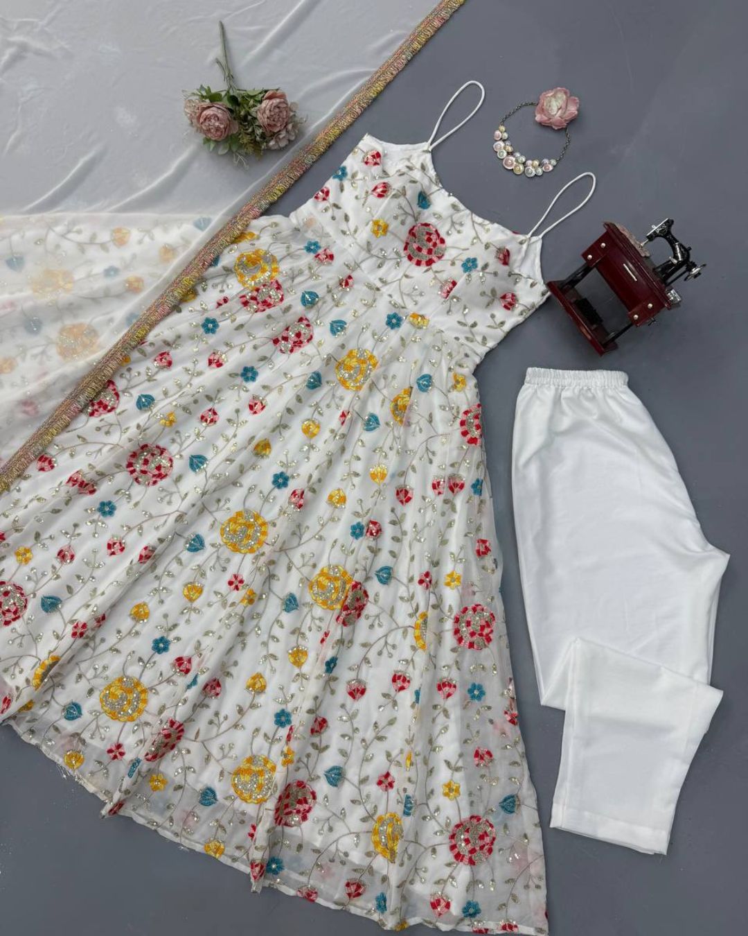 Party Wear Off White Sleeveless Anarkali Suit Set with Matching Dupatta