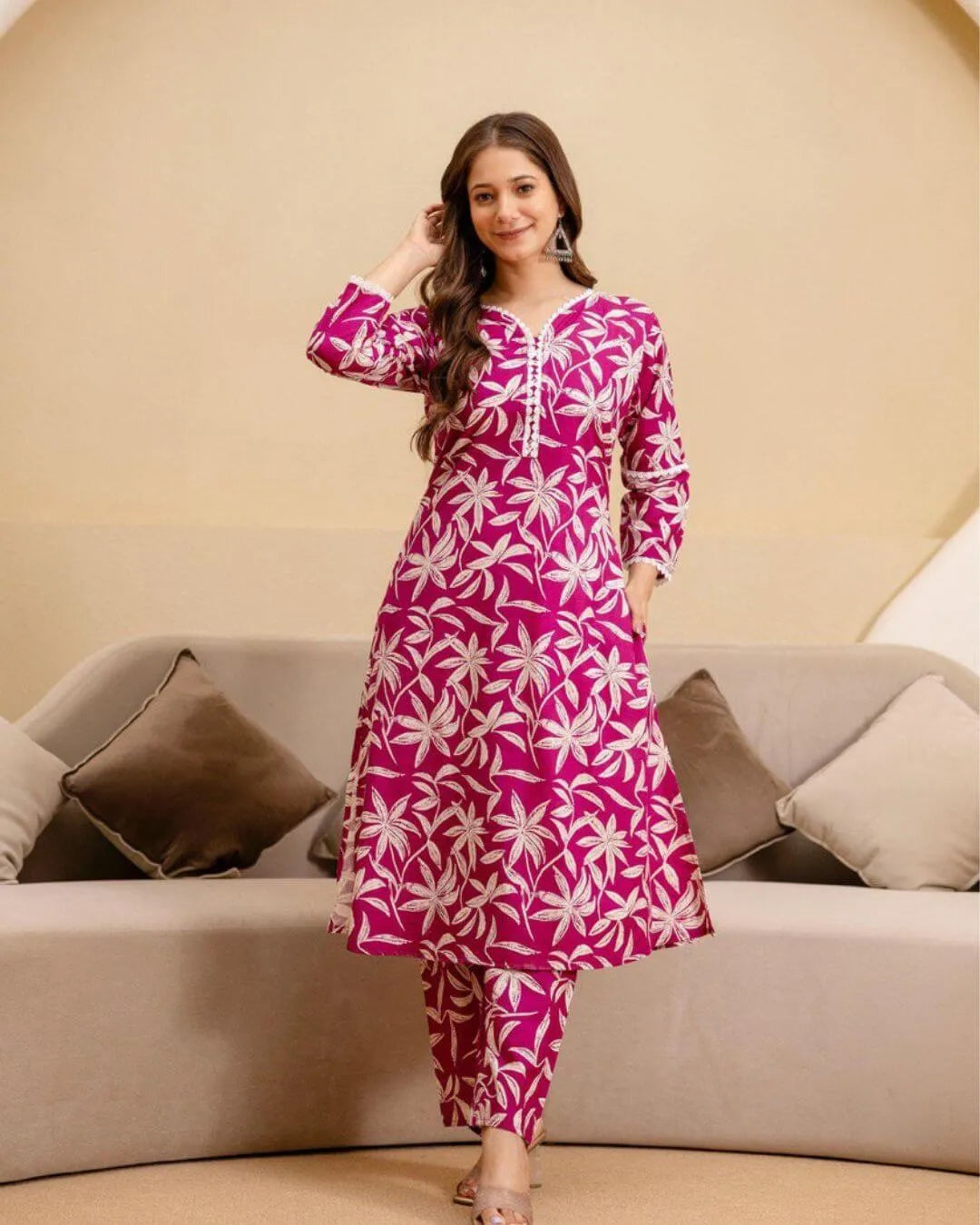 Pink Floral Printed Cotton Cord-Set