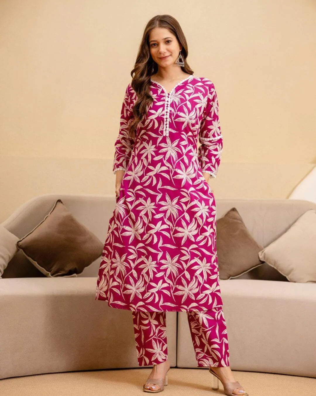 Pink Floral Printed Cotton Cord-Set