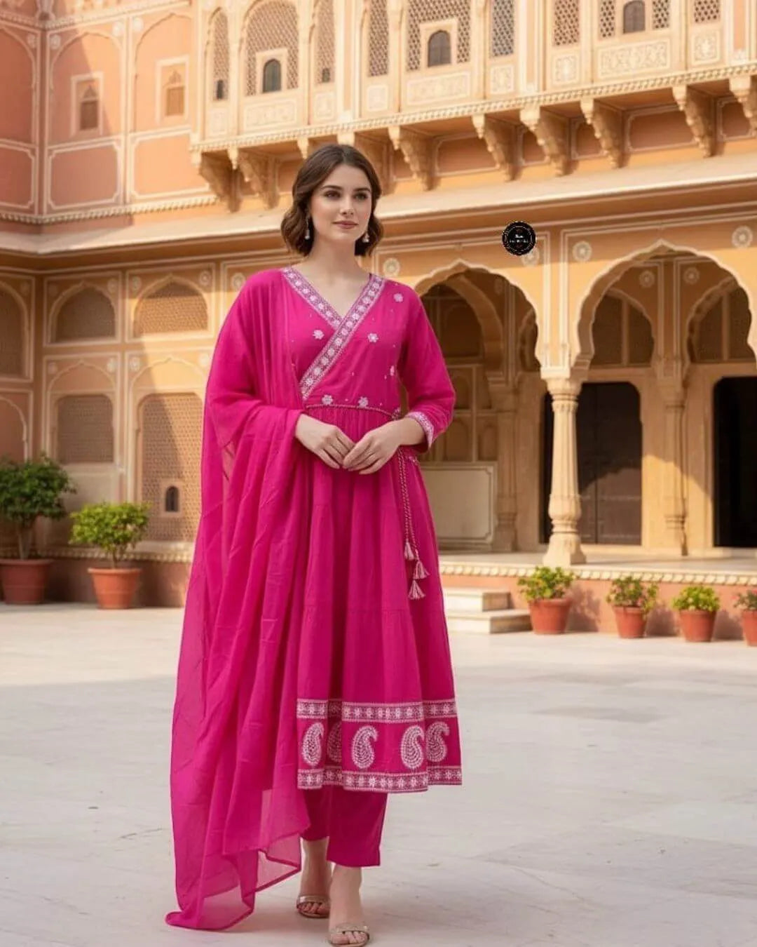 Pink Anarkali Cotton Suit Set With Dupatta 
