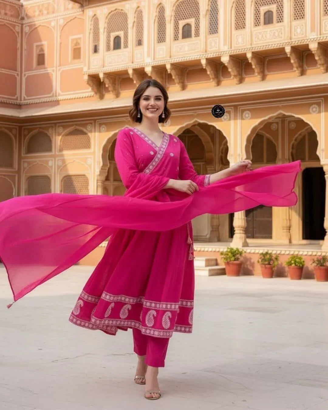 Pink Anarkali Cotton Suit Set With Dupatta 