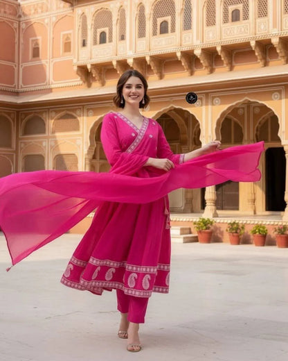 Pink Anarkali Cotton Suit Set With Dupatta 
