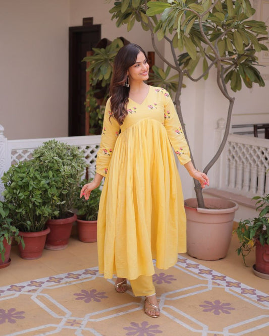 Yellow Flared Cotton Kurti With Pant Set