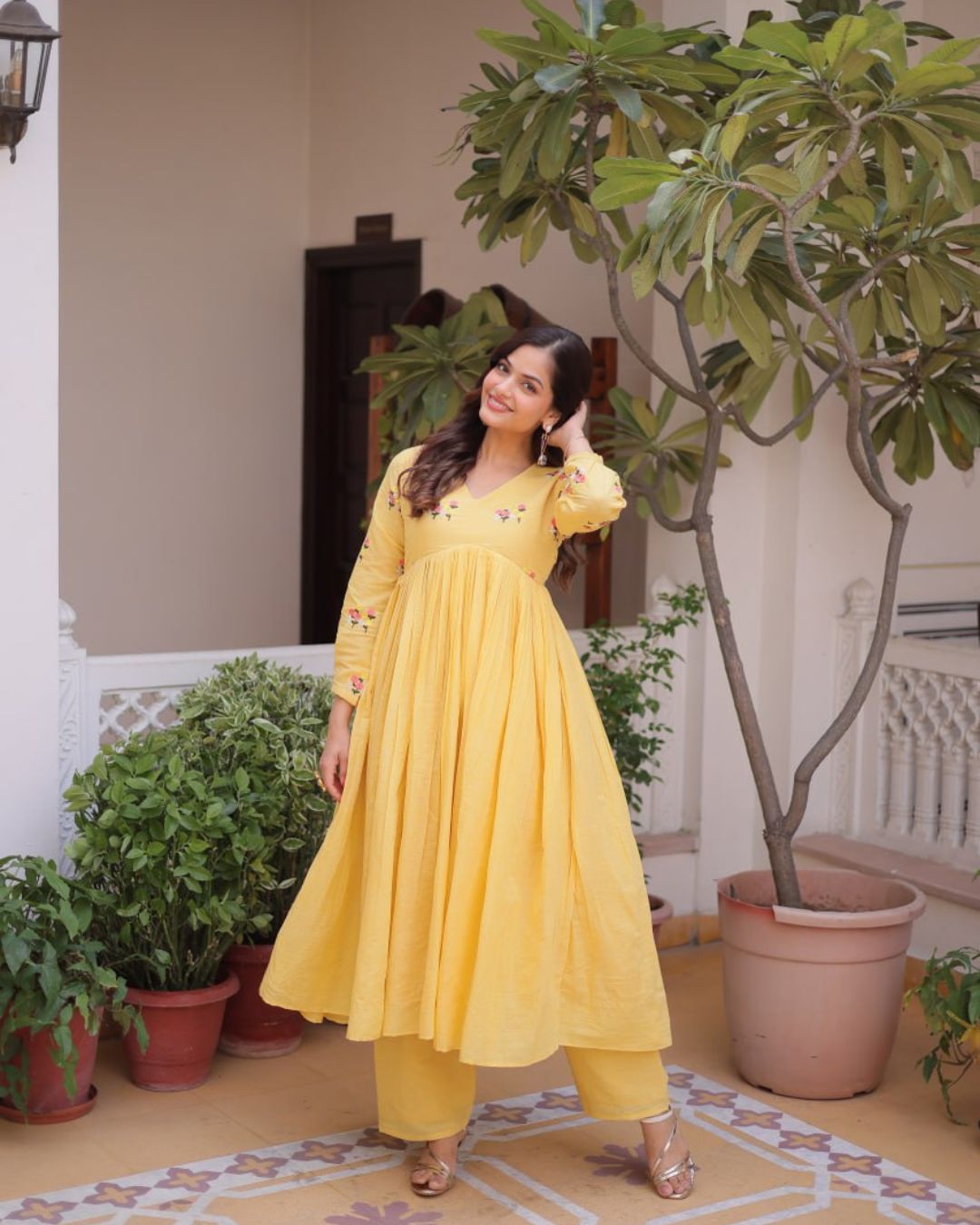 Yellow Flared Cotton Kurti With Pant Set