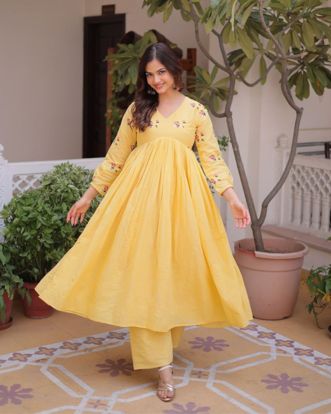 Yellow Flared Cotton Kurti With Pant Set