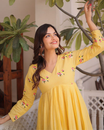 Yellow Flared Cotton Kurti With Pant Set