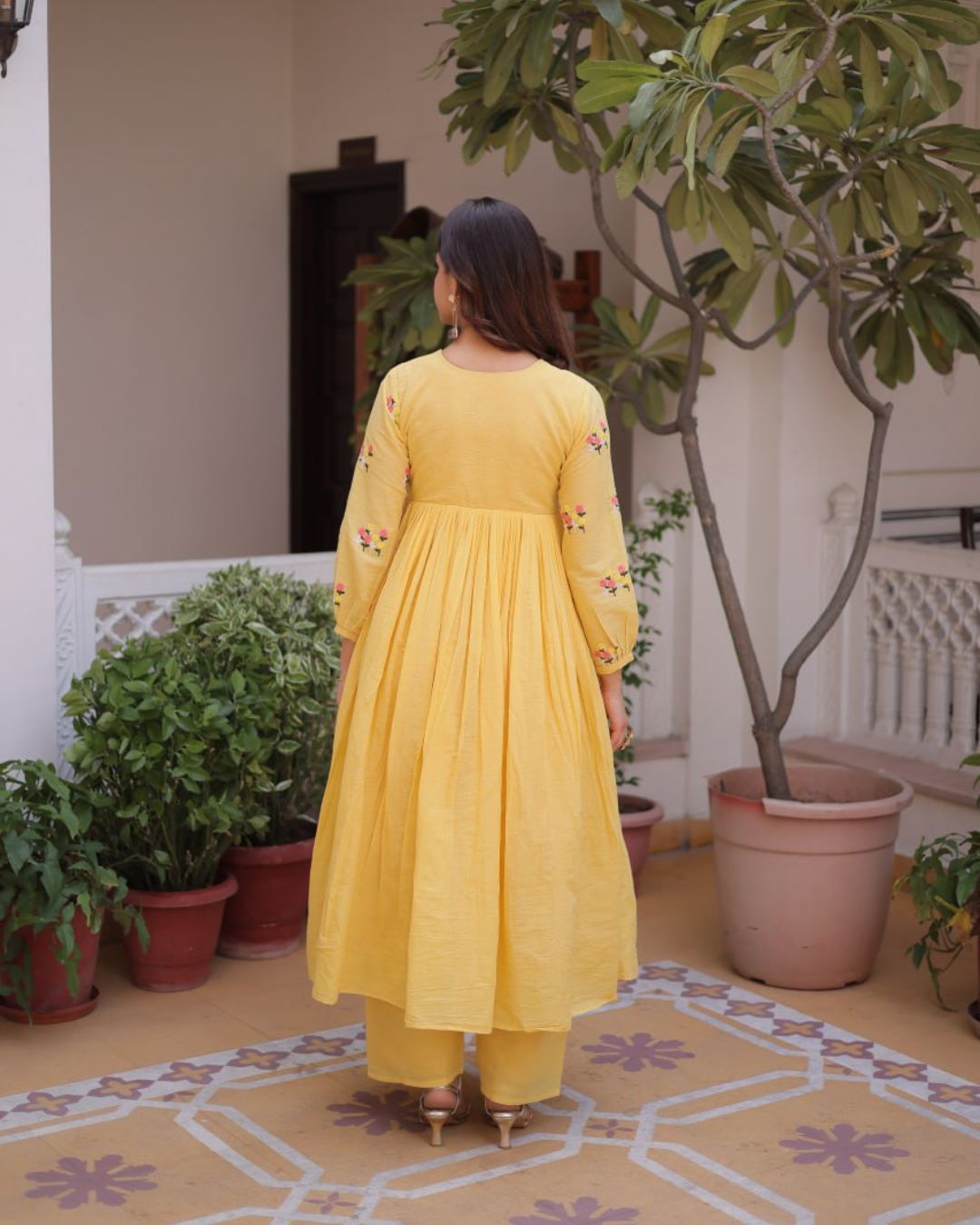 Yellow Flared Cotton Kurti With Pant Set