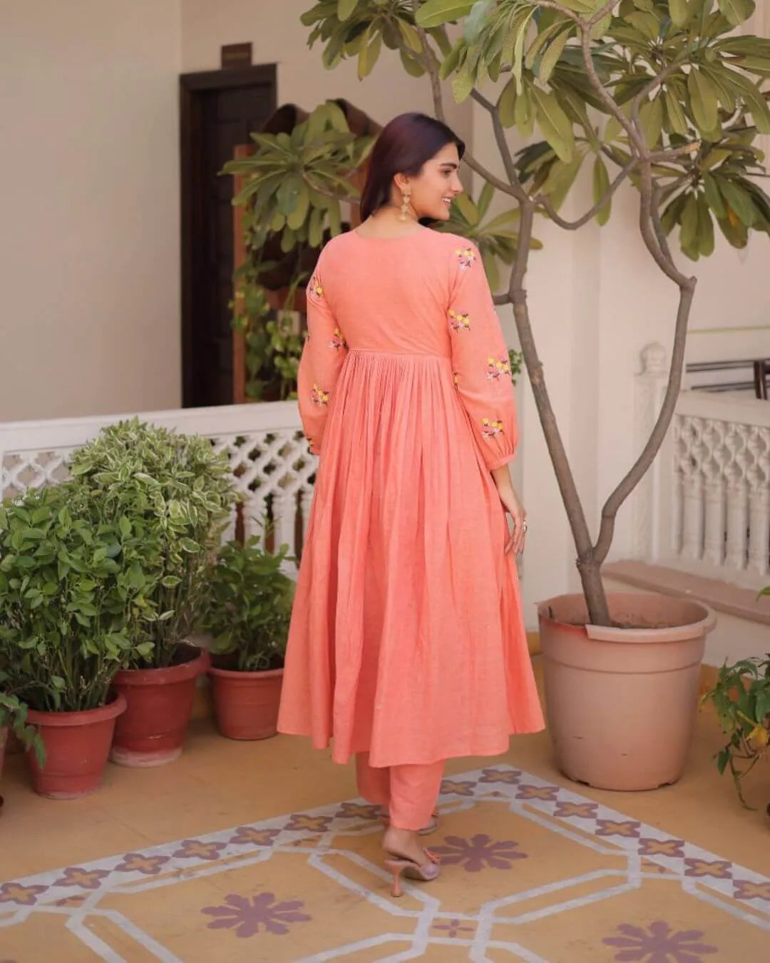Cotton Peach Colour Kurti With Pant Set