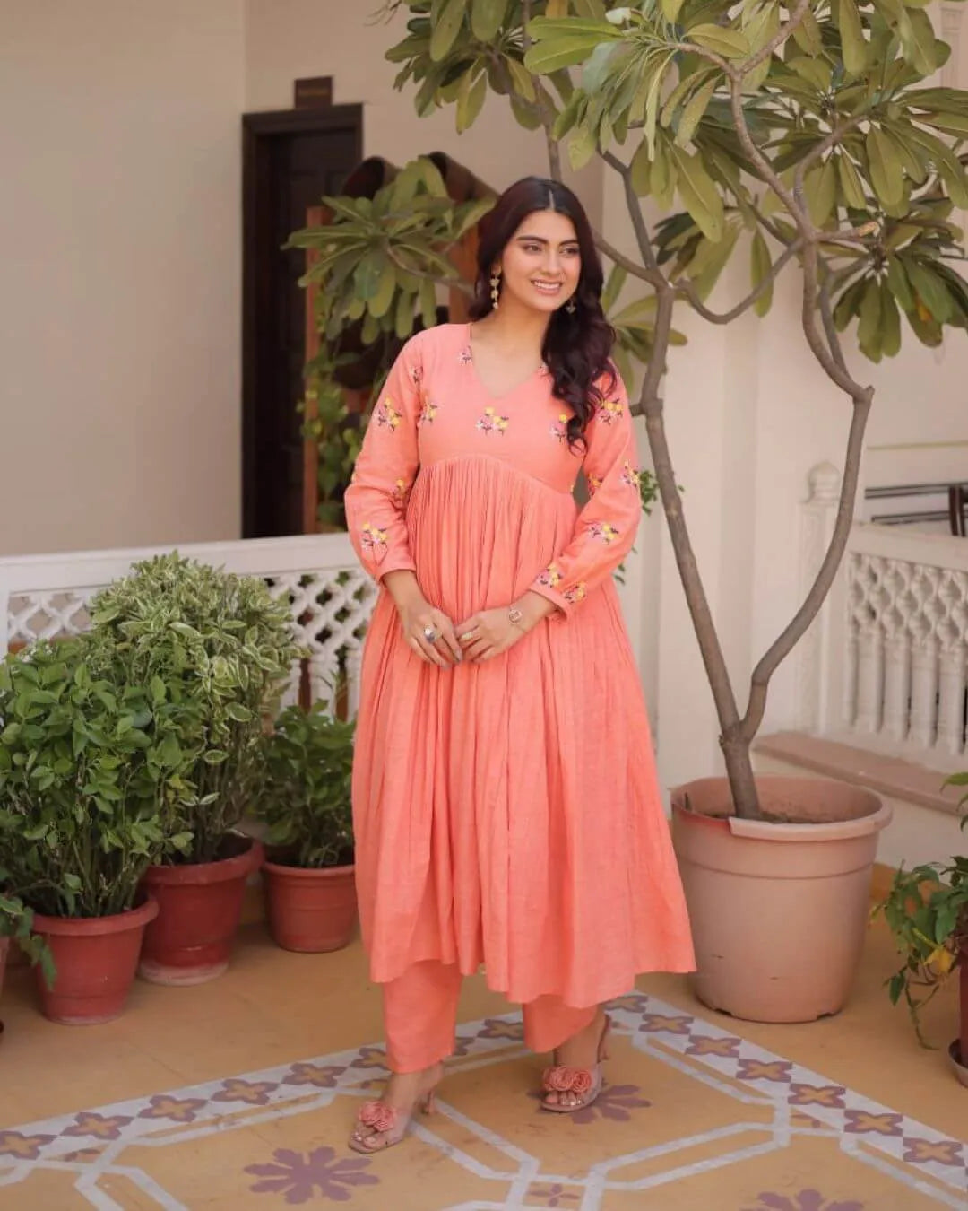 Cotton Peach Colour Kurti With Pant Set