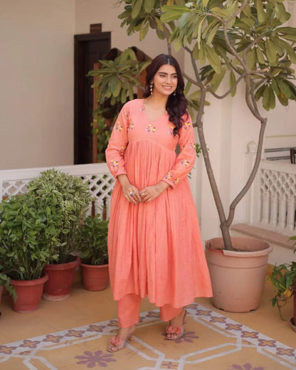 Cotton Peach Colour Kurti With Pant Set