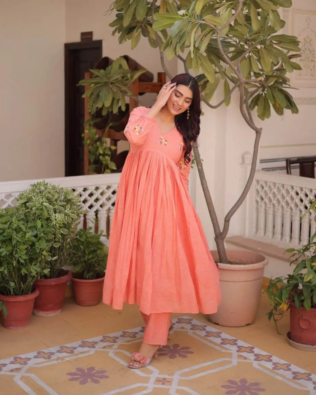 Cotton Peach Colour Kurti With Pant Set
